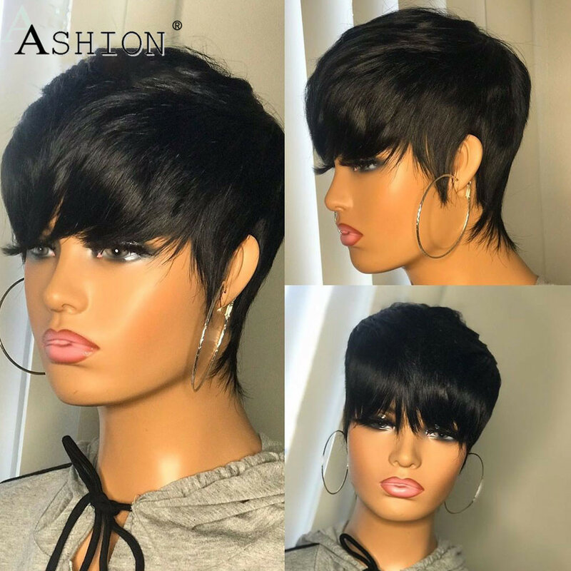 Straight Pixie Cut Human Hair Wigs with Bangs Burgundy Colored Wigs for Women Full Machine Made Wig Glueless Brazilian Remy Hair