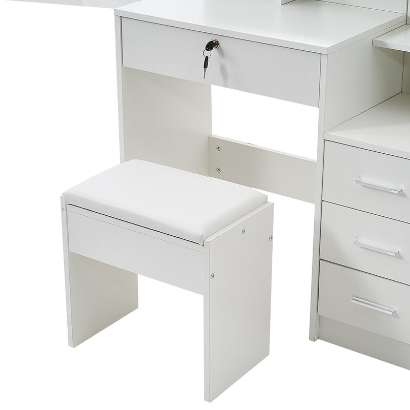 Panana – coiffeuse moderne blanche avec tabouret et 4 tiroirs, meuble de maquillage avec miroir, pour chambre à coucher et étagères de rangement