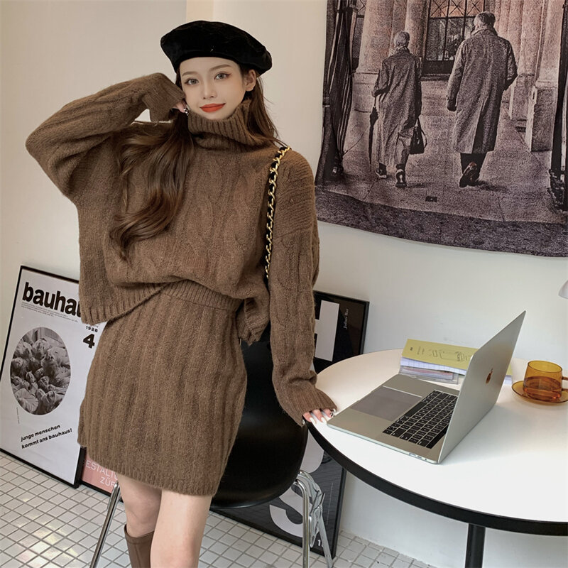 Maglione dolcevita Sexy autunno inverno donna Set due pezzi gonna aderente in maglia installazione elegante Club coreano abiti da festa