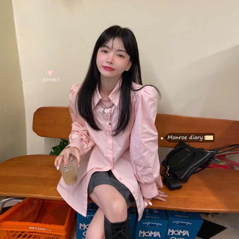 블라우스 여성 프랑스어 분홍색 긴 소매 셔츠 여성 디자인 감각 이른 가을 셔츠 2021 새로운 한국어 달콤한 가기
