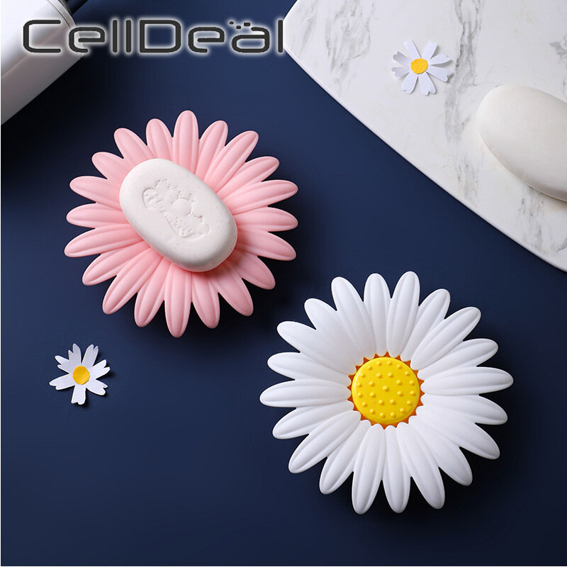 CellDeal-صندوق صابون على شكل أقحوان ، طبق تخزين الصابون ، صينية الحمام ، علبة موفرة للمساحة