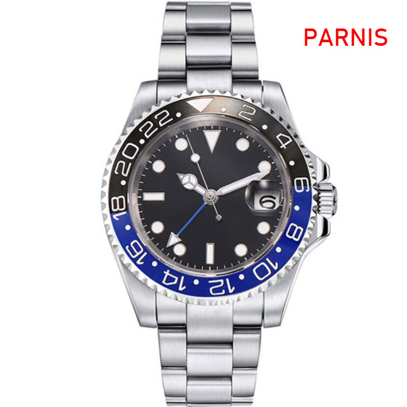 PARNIS-reloj con movimiento automático GMT para hombre, cronógrafo con fecha de zafiro, esfera negra, 40mm
