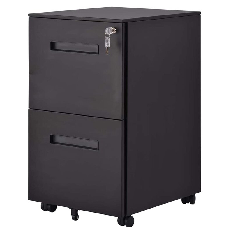 Black Lockable Metal 2 Drawer Movable File Cabinet Under Desk Fully Assembled Office Furniture