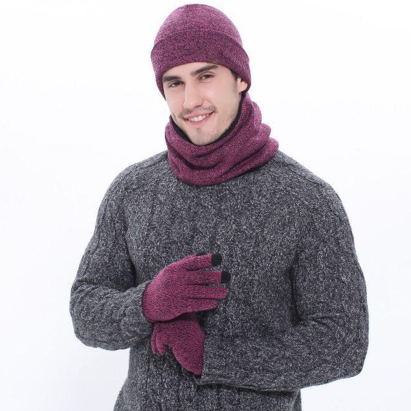 Men Winter European and American woolen scarf thickened warm knitted hat scarf gloves three-piece suit for men