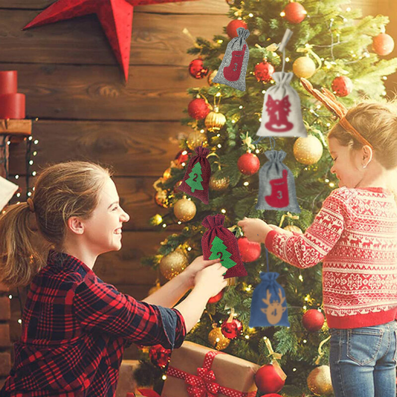 Bolsas de calendario de adviento de Navidad, calendario de adviento DIY, decoraciones navideñas para el hogar, bolsa de regalo de Año Nuevo, 1-24 días
