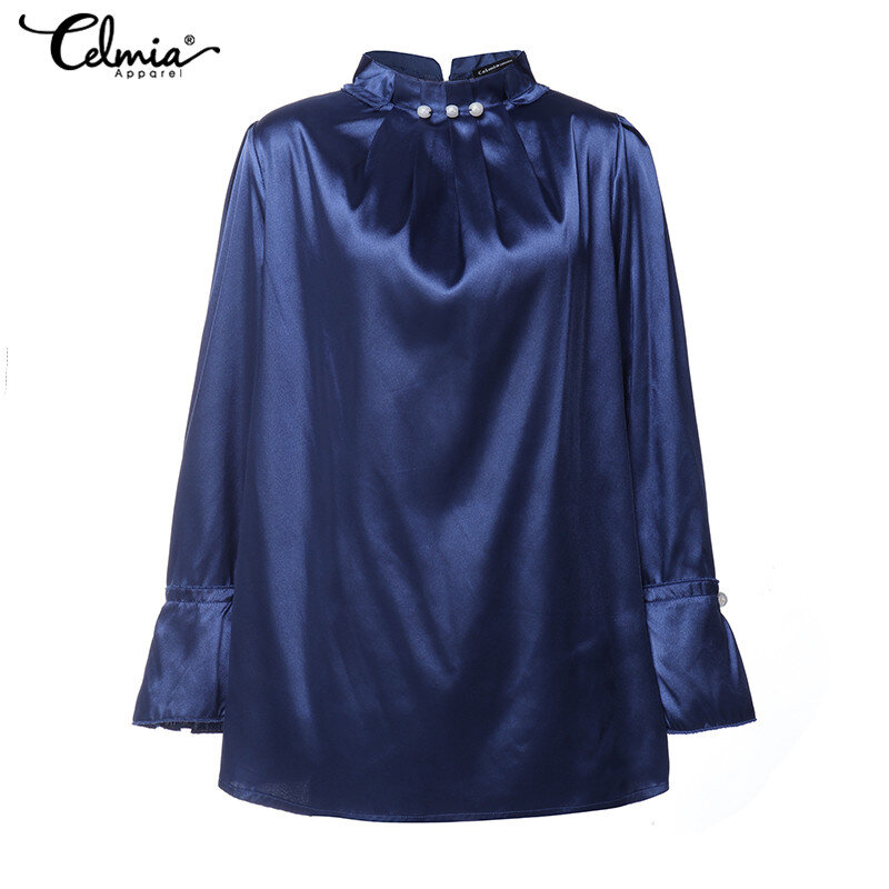 Celmia Mode frauen Elegante Satin Bluse Büro Blusas Soild Silk Top Lange Flare Hülse Zurück Zip Shirt Casual Femme