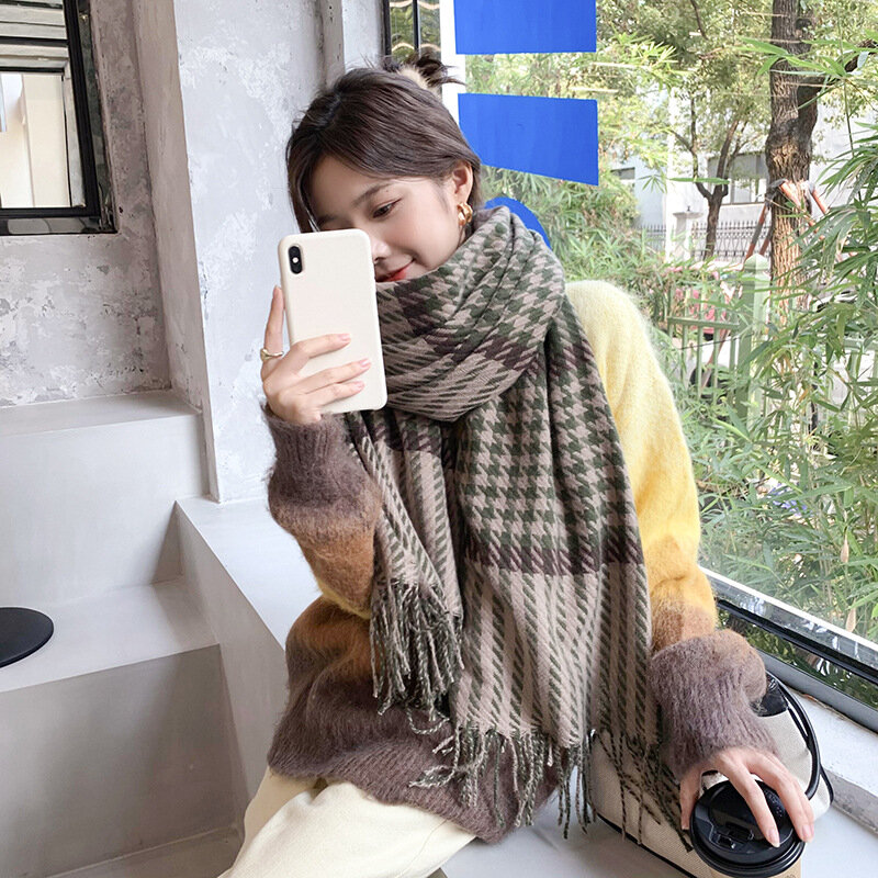 Luksusowe kobiety imitacja kaszmiru linia szalik w kratkę frędzlami kobiet w nowym stylu koreański dwustronny Plaid ciepły szal jesienią i zimą
