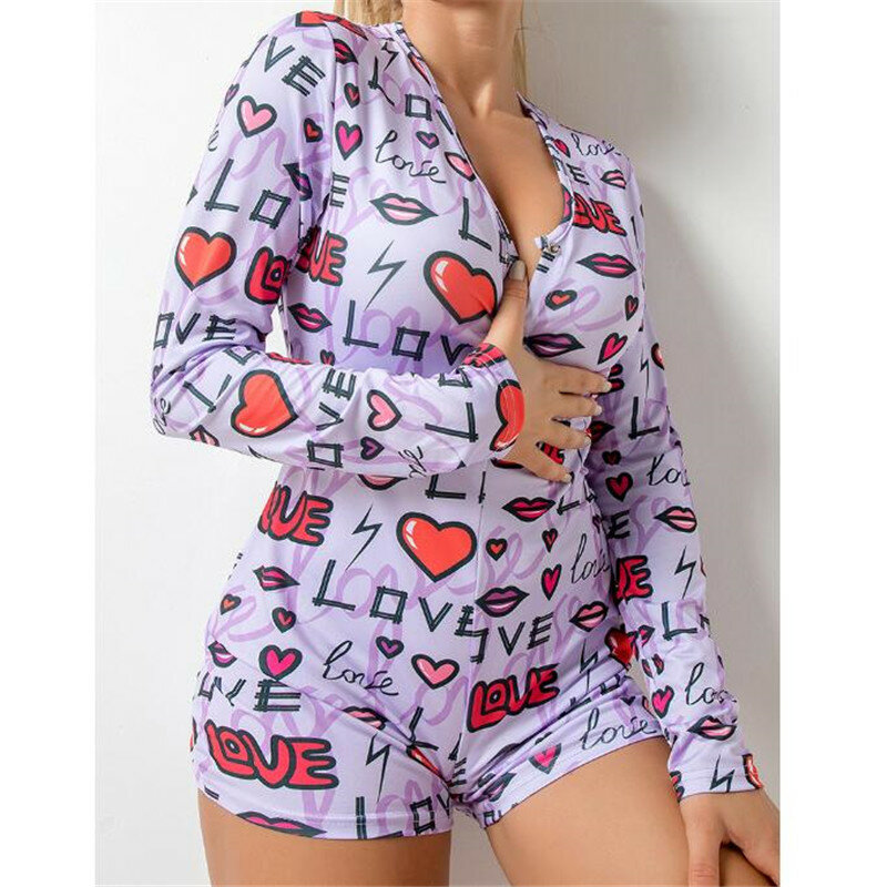 Sexy V Neck Printed Bodysuit Women Skinny Long Sleeve Buttons Rompers Womens Jumpsuit 2020 Casual One-pieces Bodysuits Homewear