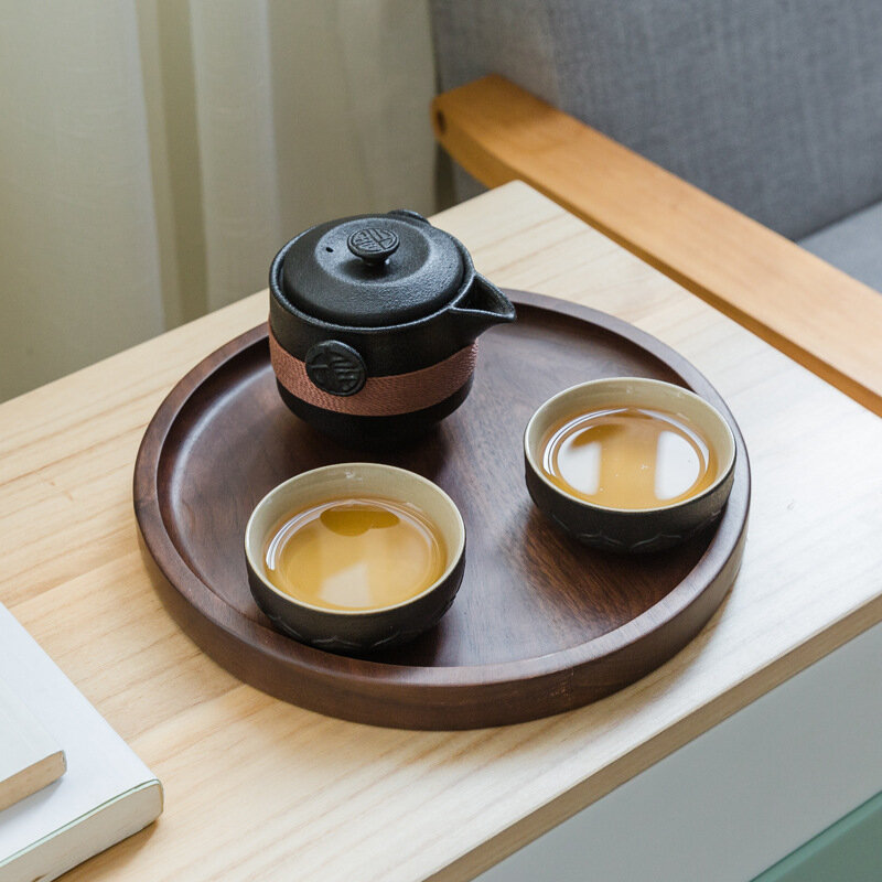 Bule de chá preto cerâmico, bule para chá portátil com 2 copos, conjunto de chá de viagem para escritório, utensílio para bebidas chinês, saco de chá de flor kung fu