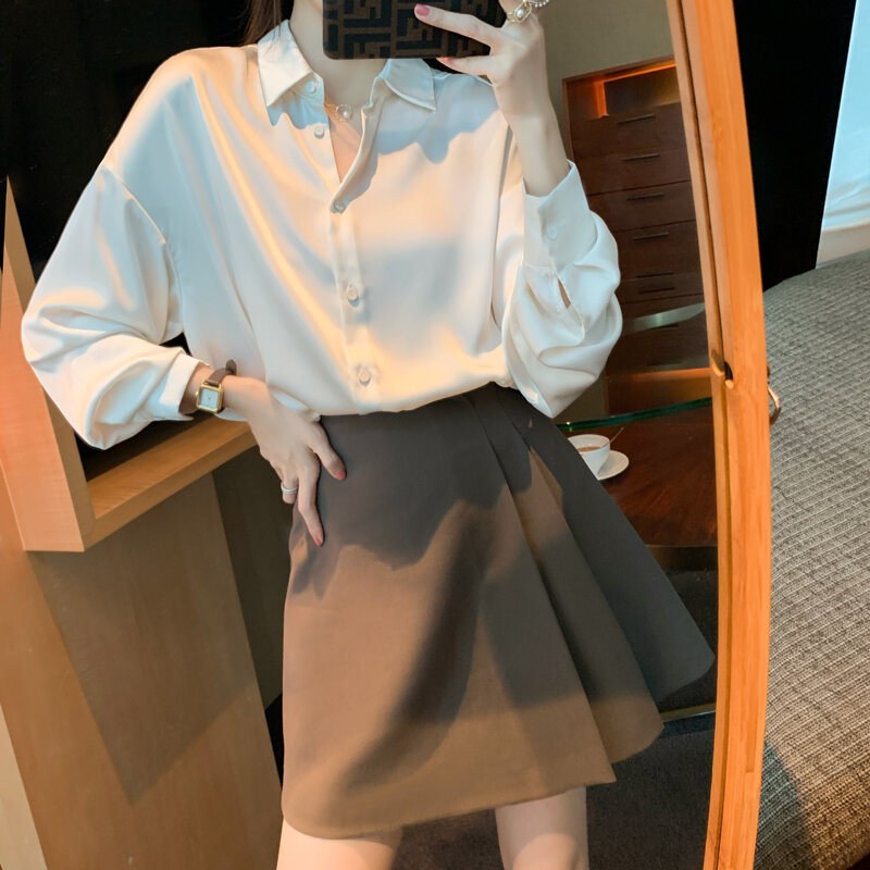 2021 봄 신상품 새틴 셔츠 루즈한 디자인 상의 실크 드레이프 긴팔 셔츠 여성용, 쉬폰 셔츠