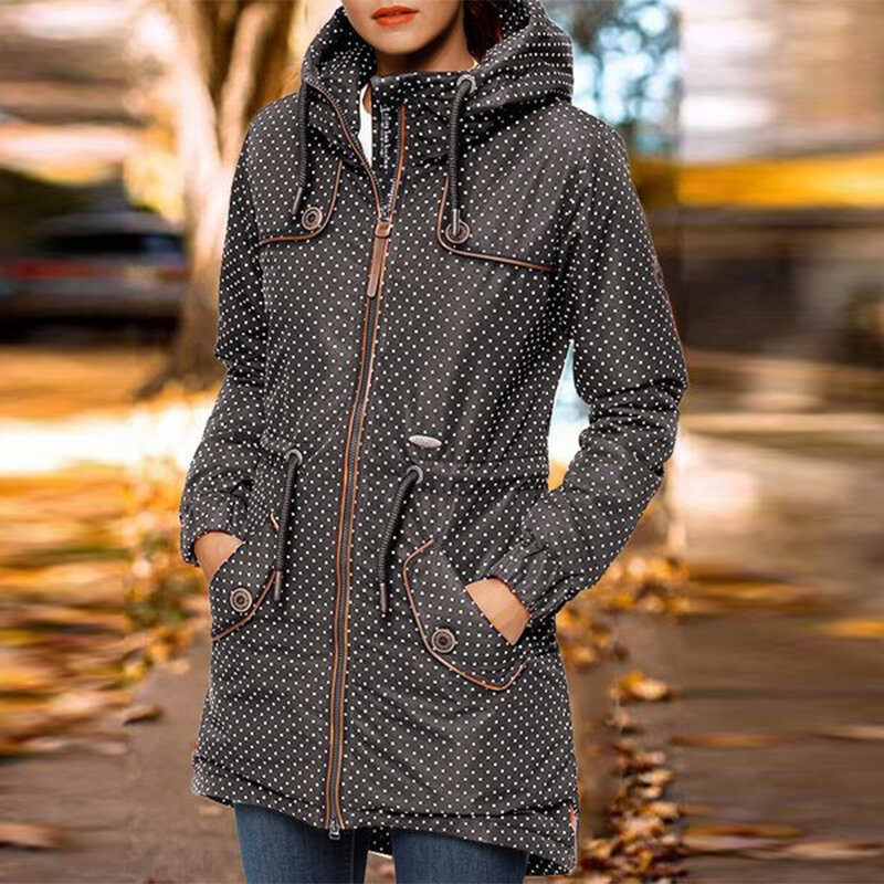 Chaqueta holgada con bolsillo y cordón para mujer, chaqueta informal de manga larga con estampado de lunares Retro, para otoño e invierno, novedad