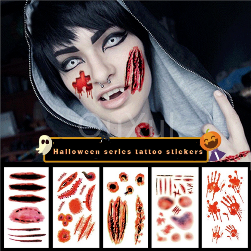 Baru Halloween Sementara Tato Wajah Tubuh Luka Bekas Luka Stiker Pesta Temporal untuk Anak-anak Dewasa Stiker Cedera Darah Menakutkan