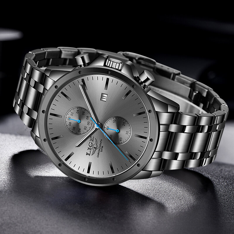 Новый LIGE мужской роскошный бренд часов бизнес черные кварцевые часы для мужчин водонепроницаемые Хронограф Спортивные наручные часы Дата ...