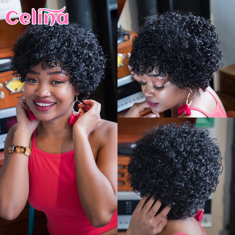 Peluca de cabello humano rizado de corte Pixie Jerry para mujeres negras, hecha a máquina, barata, envío gratis