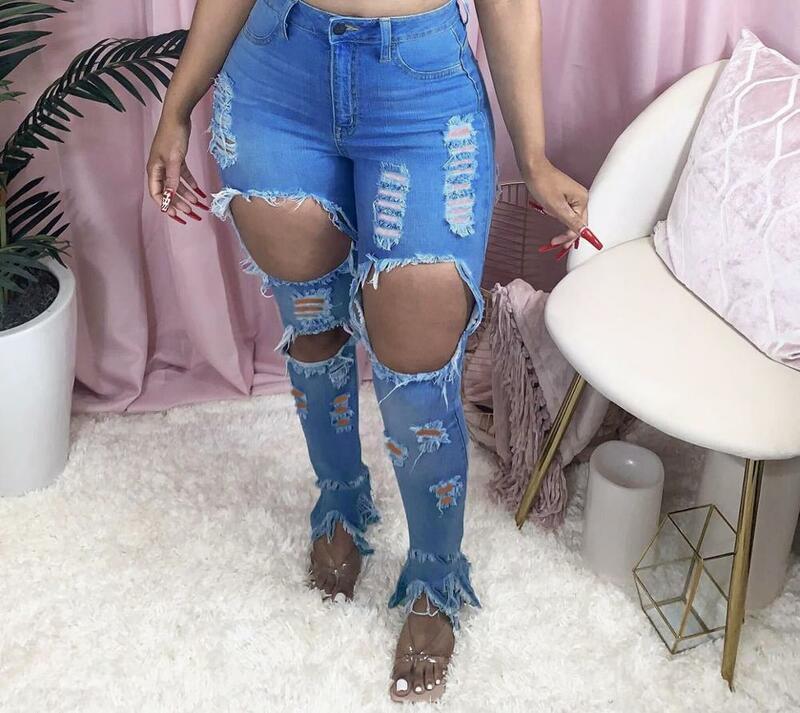 S-4XL Size Sexy Hollow Out Flare Denim Pants White Ripped Jeans High Waist Bodycon Hole Women Trousers Club Outfits 2020