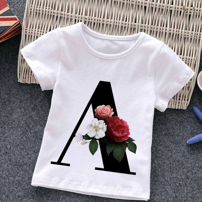 Unisex lato nowy T-shirt moda alfabet dziewczyny koszulki Harajuku Retro chłopiec Tshirt kwiaty Element ładny okrągły dekolt dzieci Tshirt