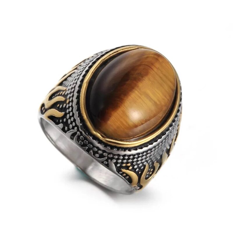 Onlysda Cincin Batu Gaya Arab Timur Tengah Kuno Besi Tahan Karat Opal Perhiasan India untuk Pria Hadiah Pernikahan Hadiah OSR110