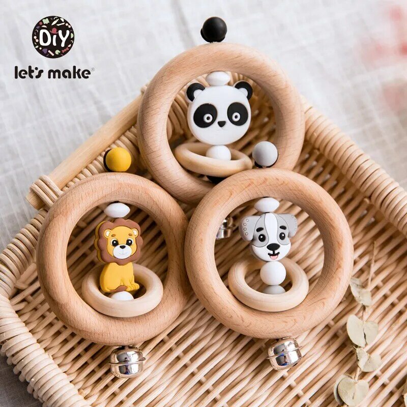 Vamos fazer-chocalhos para bebê recém-nascido, mordedor de madeira, design animal panda, sino de cama, 0-12 meses, 1pc
