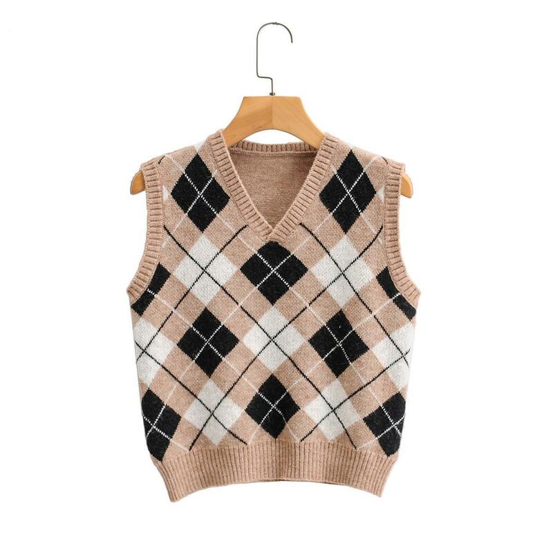 Vrouwen Mouwloze Trui 2020 Engeland Vintage Geometrische Rhombic V-hals Gebreide Trui Vest Knitwear Lady Vest Tops