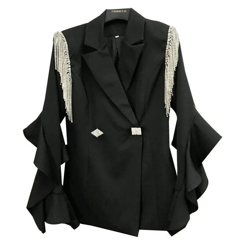 Женский весенний пиджак с оборками на рукавах, блейзер с бисером, свободное женское офисное пальто, костюмы с бахромой, верхняя одежда для ж...