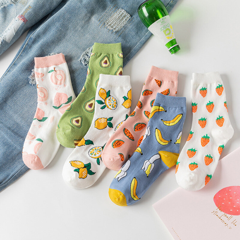 Calcetines de algodón con dibujos animados para mujer, medias largas, suaves y cómodas, informales, con fruta, aguacate, melocotón, 12 par/lote