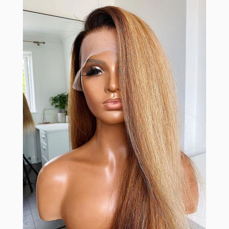 Remy Ombre 1B27 Yaki Straight Long 13×6 Lace Front Wig Human Hair U part wig For Women Preplucked Middle Ratio Adjustable Strap