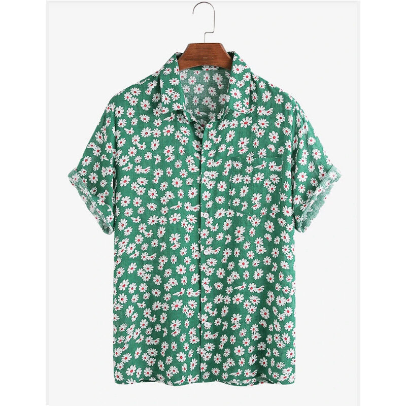 Camisas hawaianas para hombres, cárdigan de playa de algodón y lino, ropa informal para vacaciones, Tops de manga corta estampados, patrón de crisantemo