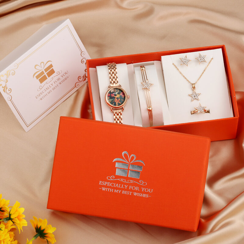Naidu luxo rosa ouro relógios mulheres senhoras diamante colar brincos anel pulseira de quartzo relógio de pulso 5pcs conjunto relogio feminino