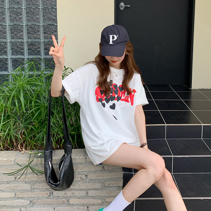 Camiseta de manga curta de verão feminina, camiseta com estampa de letra amor, camiseta feminina coreana solta, fina e fina, roupas femininas