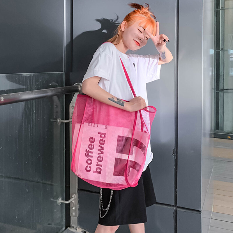 Women Sports Mesh Transparent Handbag Large Capacity Yoga Fitness Workout Shoulder Bags Portable Holiday Beach Totes