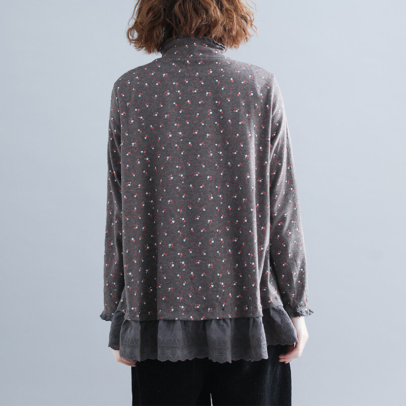 2020 outono e inverno artístico retro turtleneck floral escovado base camisa magro ajuste emagrecimento rendas emenda pulôver topo feminino