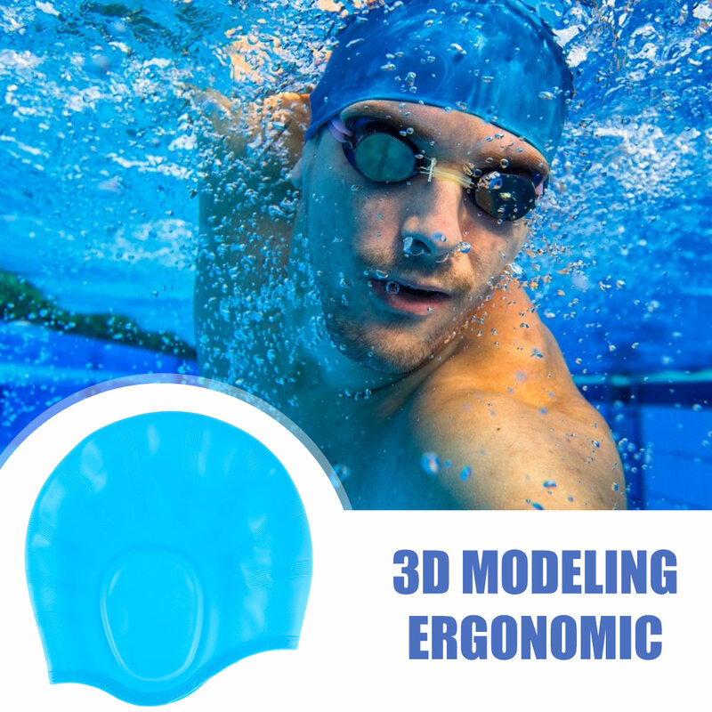 2021 Elastic Waterproof PU Fabric 3D Protect Ears Long Hair Sports Swim Pool Hat Swimming Cap Free size for Men & Women Adults