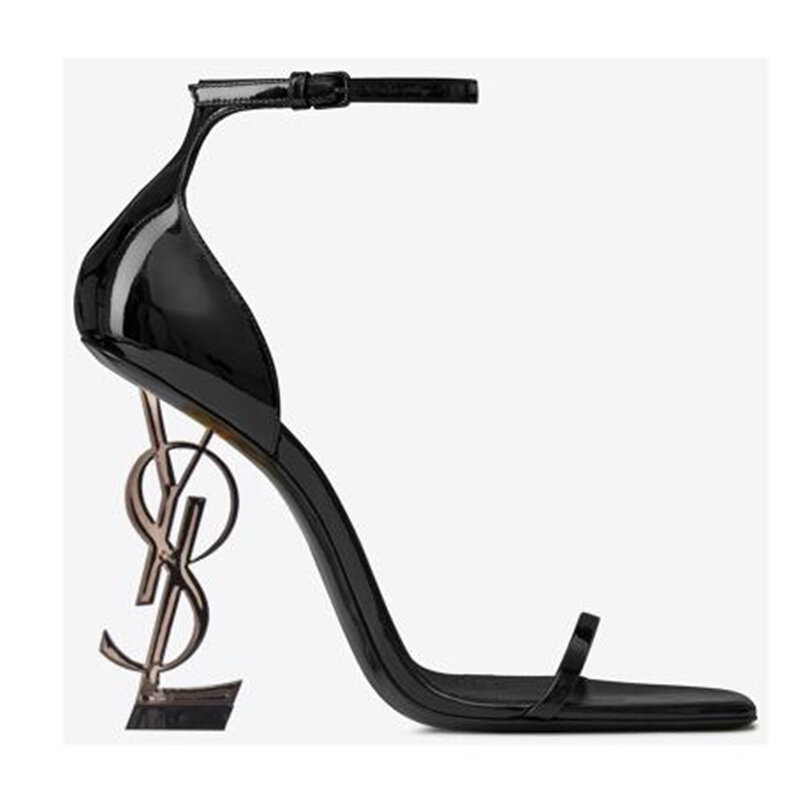 Y estilo clásicos marca Sandalias de tacón alto de cuero genuino Carta de las mujeres del talón, zapatos de boda, zapatos de cuero de patente, 34-43,