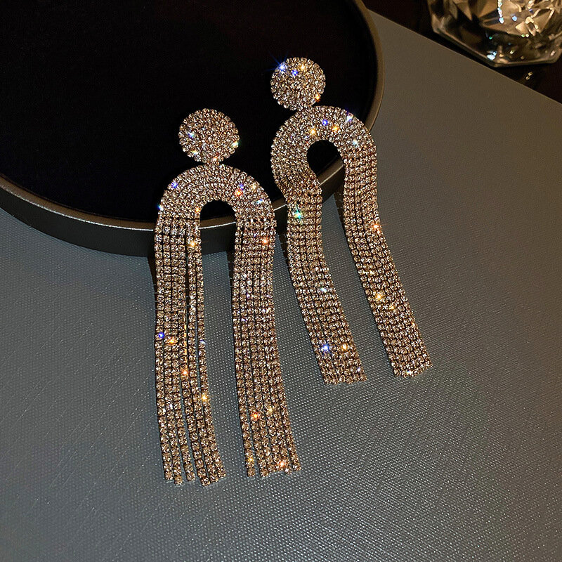 925 Jarum Perak Berlian Mengkilap U-berbentuk Ubur-ubur Rumbai Panjang Bertatahkan Anting untuk Wanita Seksi Emas Mode Perhiasan Grosir