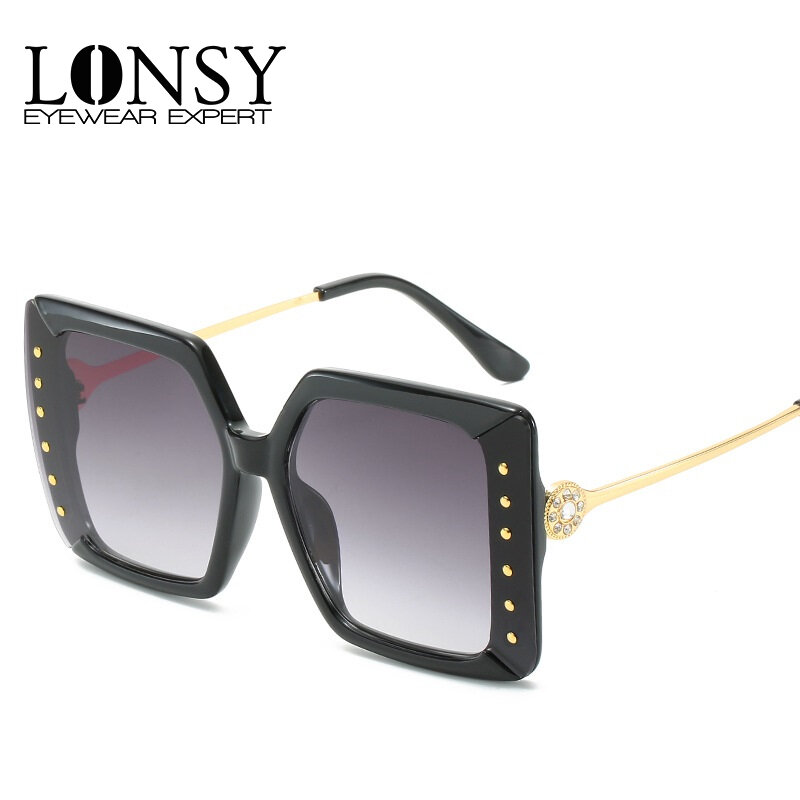 LONSY Vintage Square Rectangle Black Sunglasses Women Fashion Oversized Big Diamonds Sun Glasses Uv400 Driving Shades For Ladies