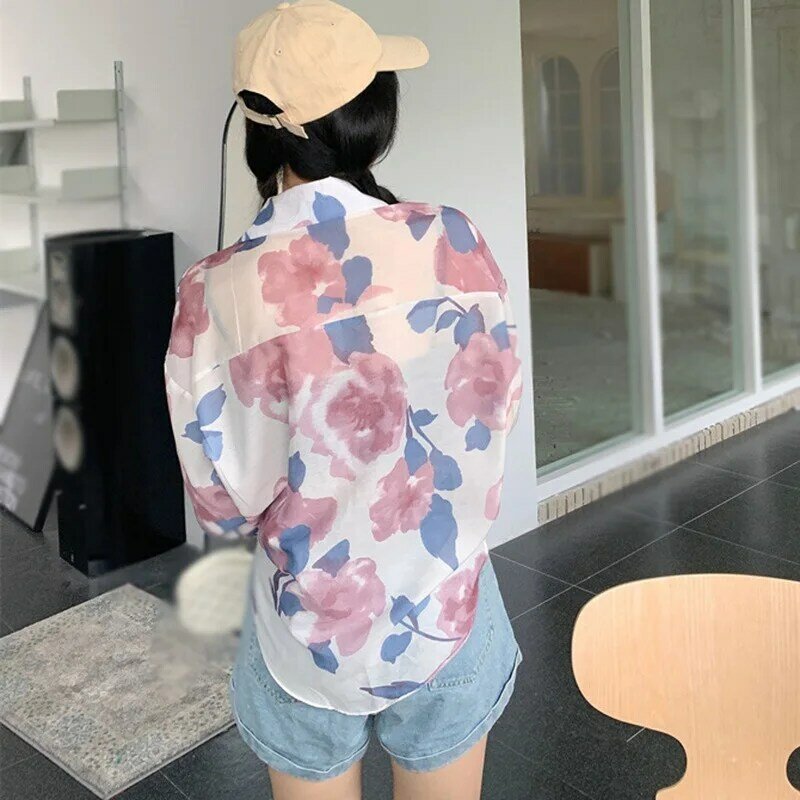 Vintage Mujer Tops con estampado Floral de moda Camisa de gasa blusas de verano coreano de manga larga dulce y encantador protector solar camiseta