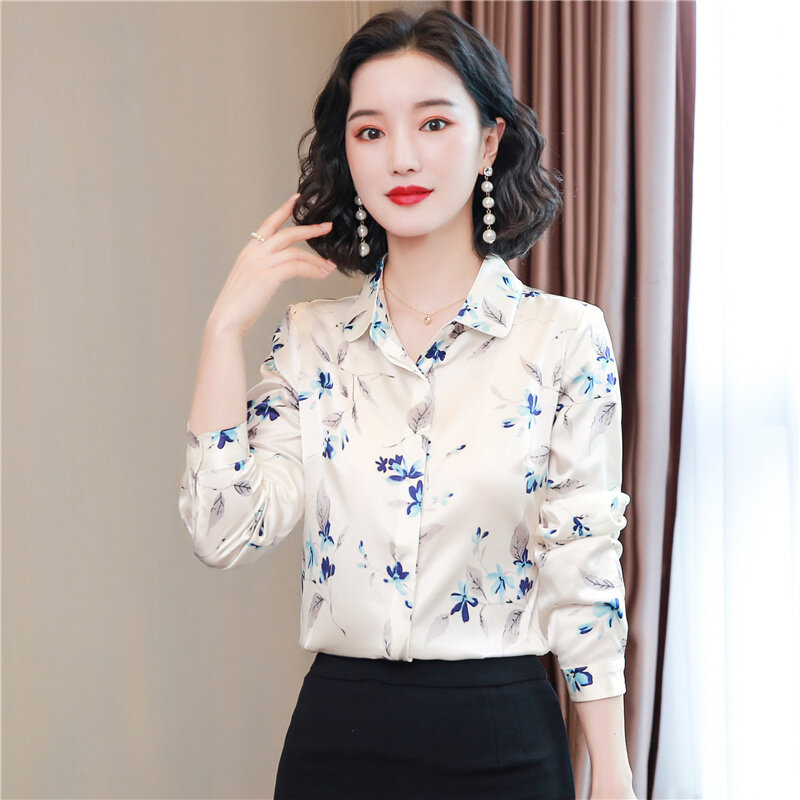 Camisas de seda coreanas para mujer, camisas de manga larga, blusas con estampado de satén para mujer, blusas florales de seda de talla grande