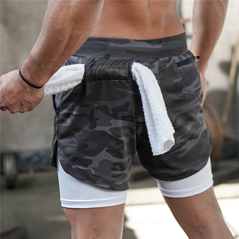 2021 lato nowy szybkoschnący kamuflaż 2-in-1 podwójna warstwa fitness spodnie sportowe jogger streetwear na zewnątrz na co dzień spodenki męskie w dużych rozmiarach