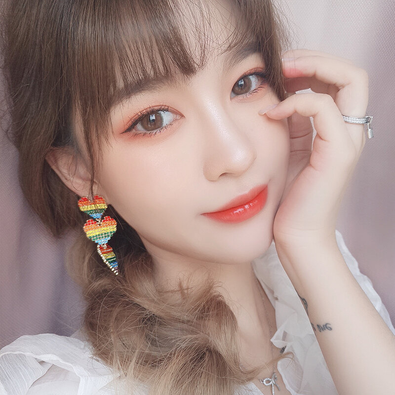 Rainbow Love Earrings Korean Graceful Online Influencer Exaggerating Unique Eardrops Fashion High-Profile Earrings Slim Face