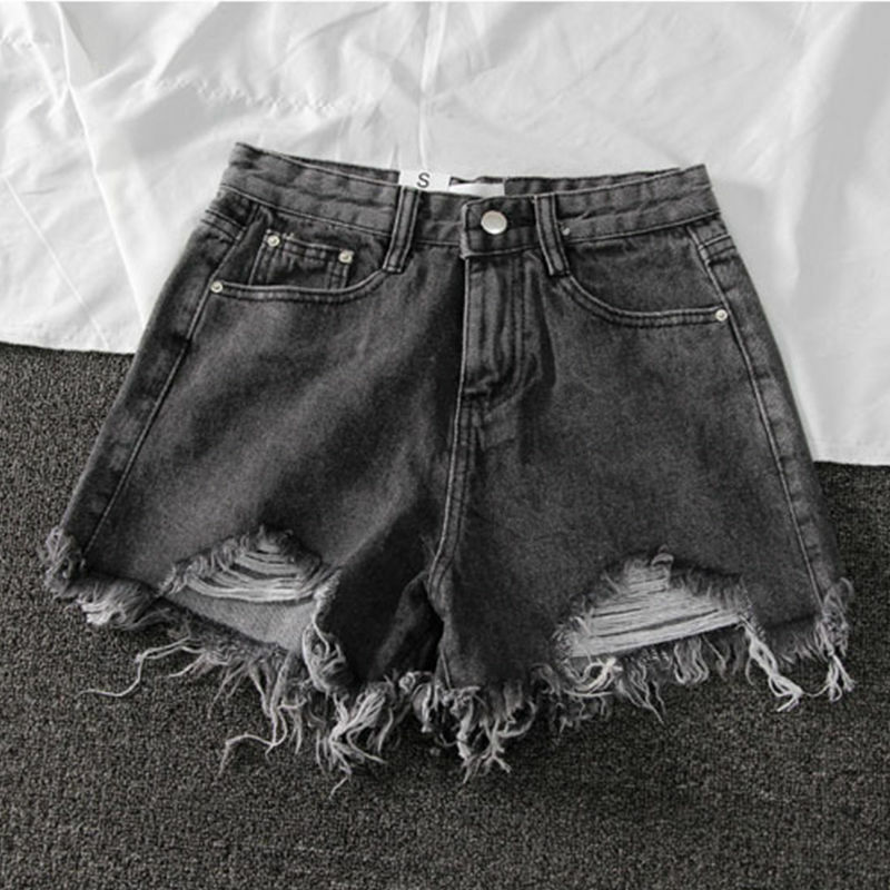 Шорты женские джинсовые с широкими штанинами, повседневные свободные однотонные штаны из денима с дырками, в уличном стиле, белые, черные