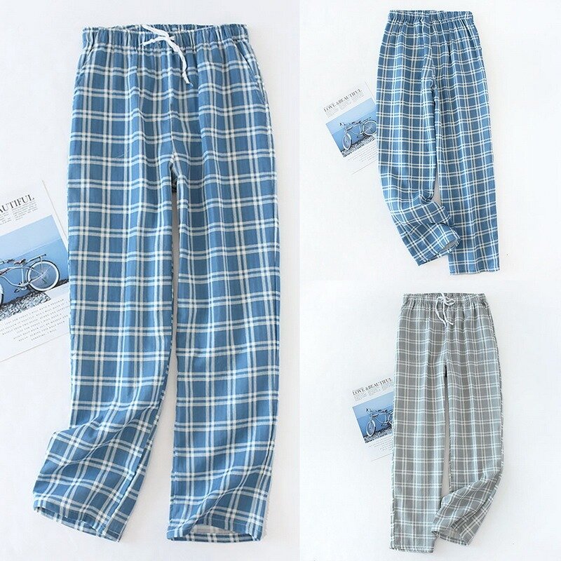 Calças de gaze de algodão masculino xadrez calças de dormir de malha calças de pijamas dos homens calças de pijamas