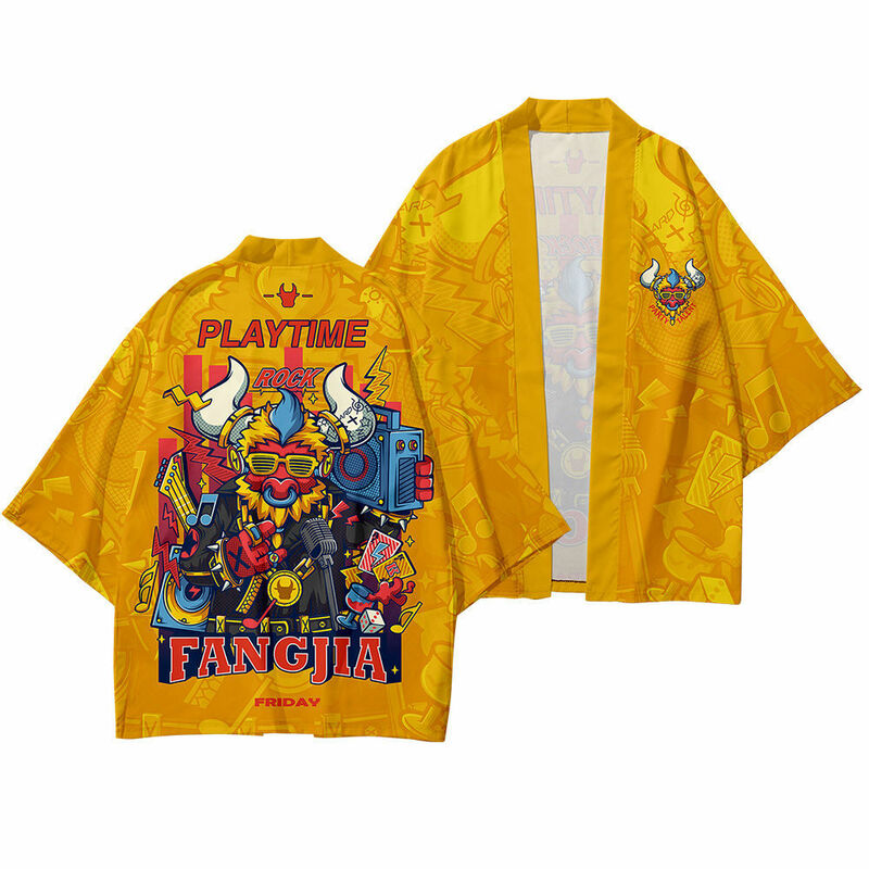 Kimono japonais jaune imprimé, Cardigan Haori Yukata, Costume de samouraï pour homme, veste et pantalon
