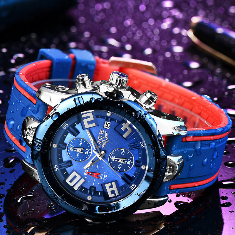 LIGE 2020 nowe męskie złote zegarki Top marka luksusowe silikonowe zegarki wodoodporne męskie moda Sport Chronograph Quartz Men Watch + Box