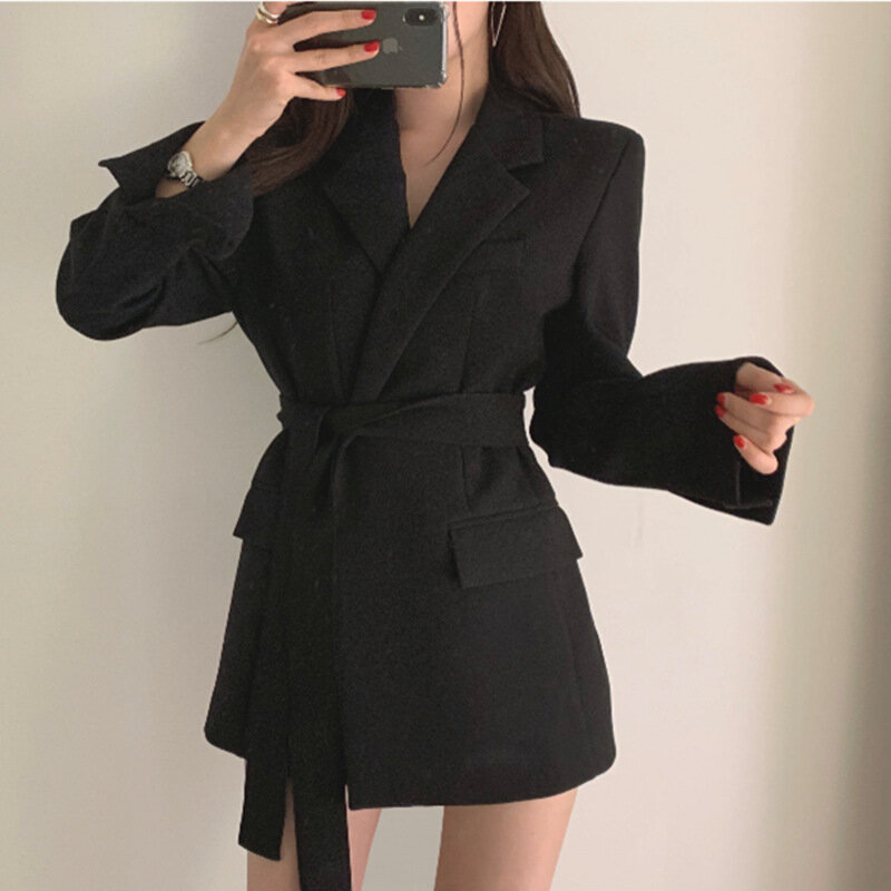 Chaqueta con cinturón para mujer, chaqueta con cinturón de encaje, con solapa, negra, para trabajo y oficina, primavera y otoño, 2021