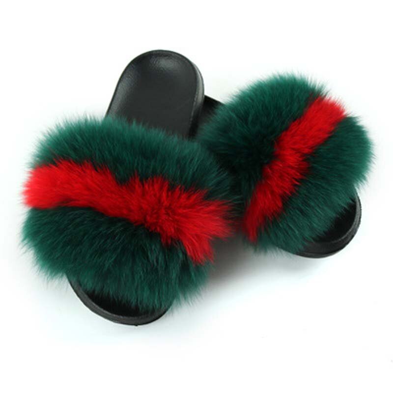 สุนัขจิ้งจอกจริงสไลด์ผู้หญิง Furry Fox Fur รองเท้าแตะสำหรับผู้หญิงรองเท้าแตะหญิงรองเท้าในร่ม Fluffy ...