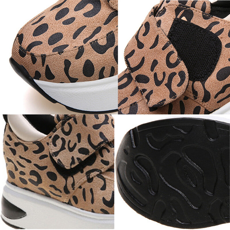 Leopard Velcro Sepatu Platform Kasual Penambah Internal Sepatu Tunggal Wanita Musim Gugur 2021 Sepatu Vulkanis Wanita Cocok untuk Semua Pasangan