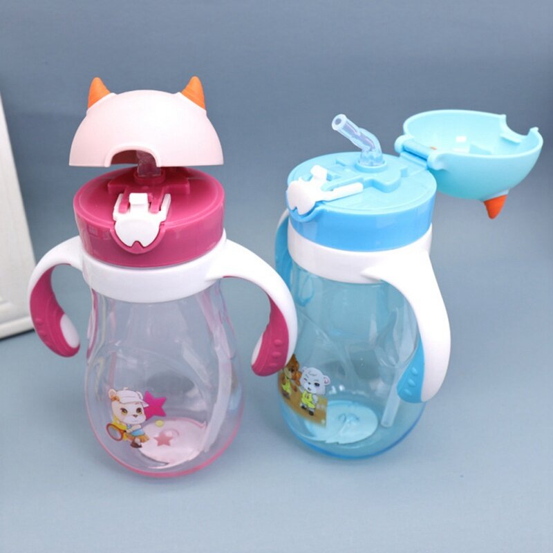 Taza de dibujos animados para niños, botella de agua anticaída con asa, portátil, Pajita, 480ML