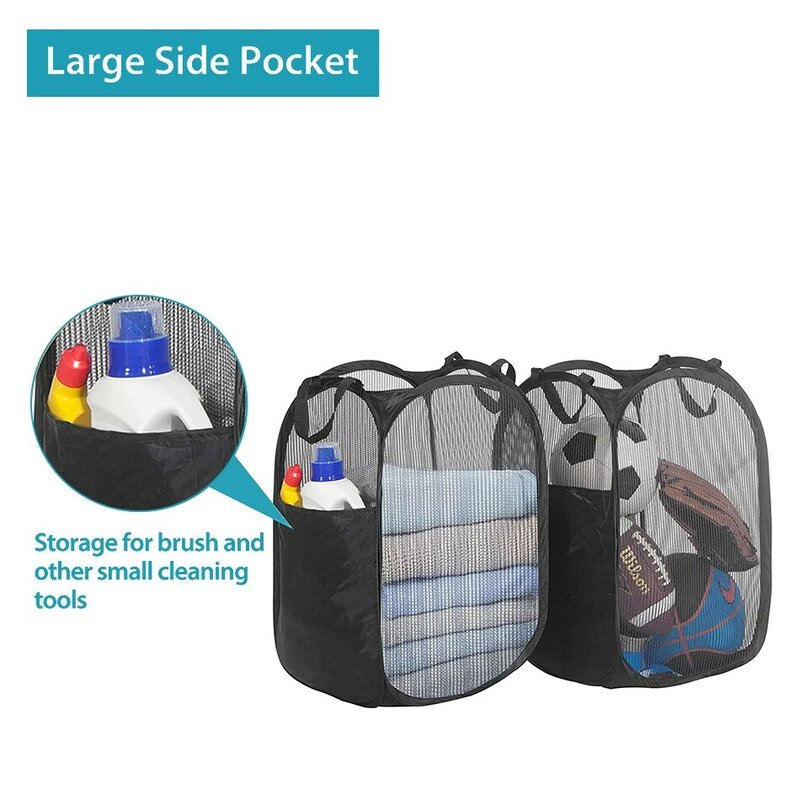 Pop grande-de malla cesto para ropa plegable cesta de lavandería con asas durables/lado bolsillo para dormitorio baño lavandería