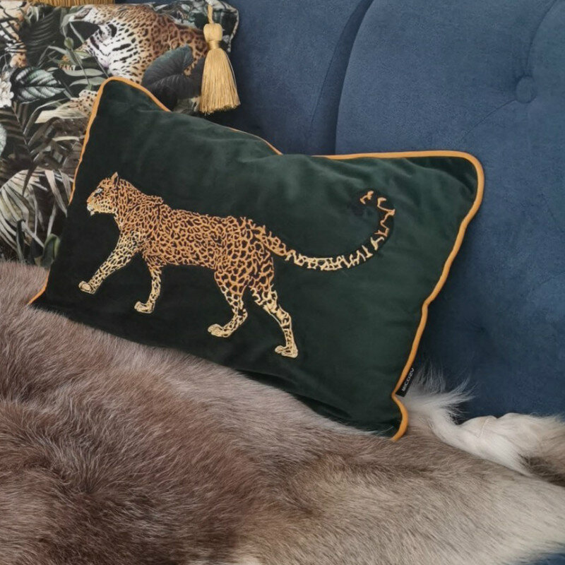 DUNXDECO-funda de cojín decorativa, funda de almohada de terciopelo Vintage, colección de animales, bordado de leopardo dorado, sofá, ropa de cama