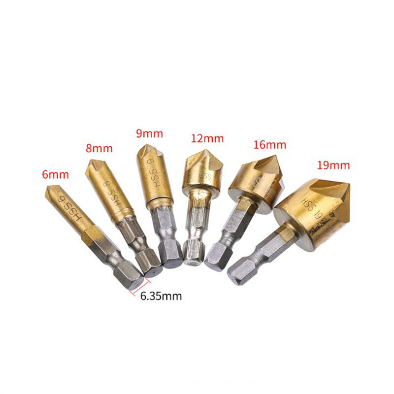 6PC hexagonal handle titanium plated five-edge chamfering knife reaming chamferer shaving auger hole opening 6pcs/set 6mm-19mm